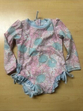 Caden Lane Pink & Light Blue Shell-Print Long Sleeve Swim One-Piece